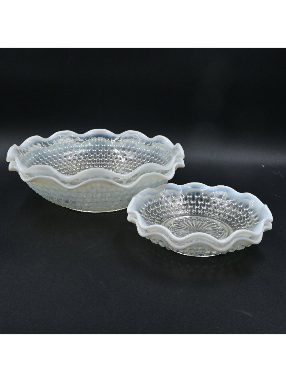 Anchor Hocking Moonstone Opalescent Hobnail Ruffled Glass Bowl Lot of 4 Vintage